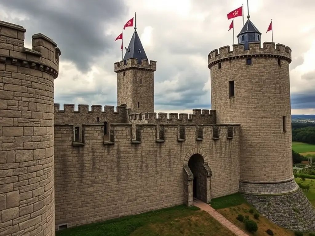 A detailed shot of the medieval fortress at Bourbon-l'Archambault, emphasizing its imposing stone walls and towers, reflecting the region's strategic importance in the Middle Ages.