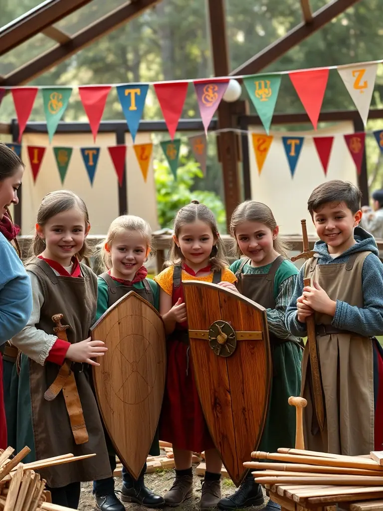 A high-angle shot of children participating in an educational workshop at Château de Chouvigny, learning about medieval crafts and building techniques.