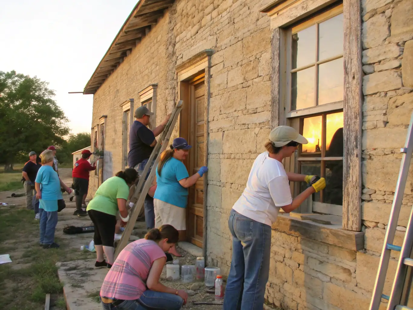 A photograph showcasing a group of volunteers working on the restoration of a historical building, highlighting the community involvement and preservation efforts.