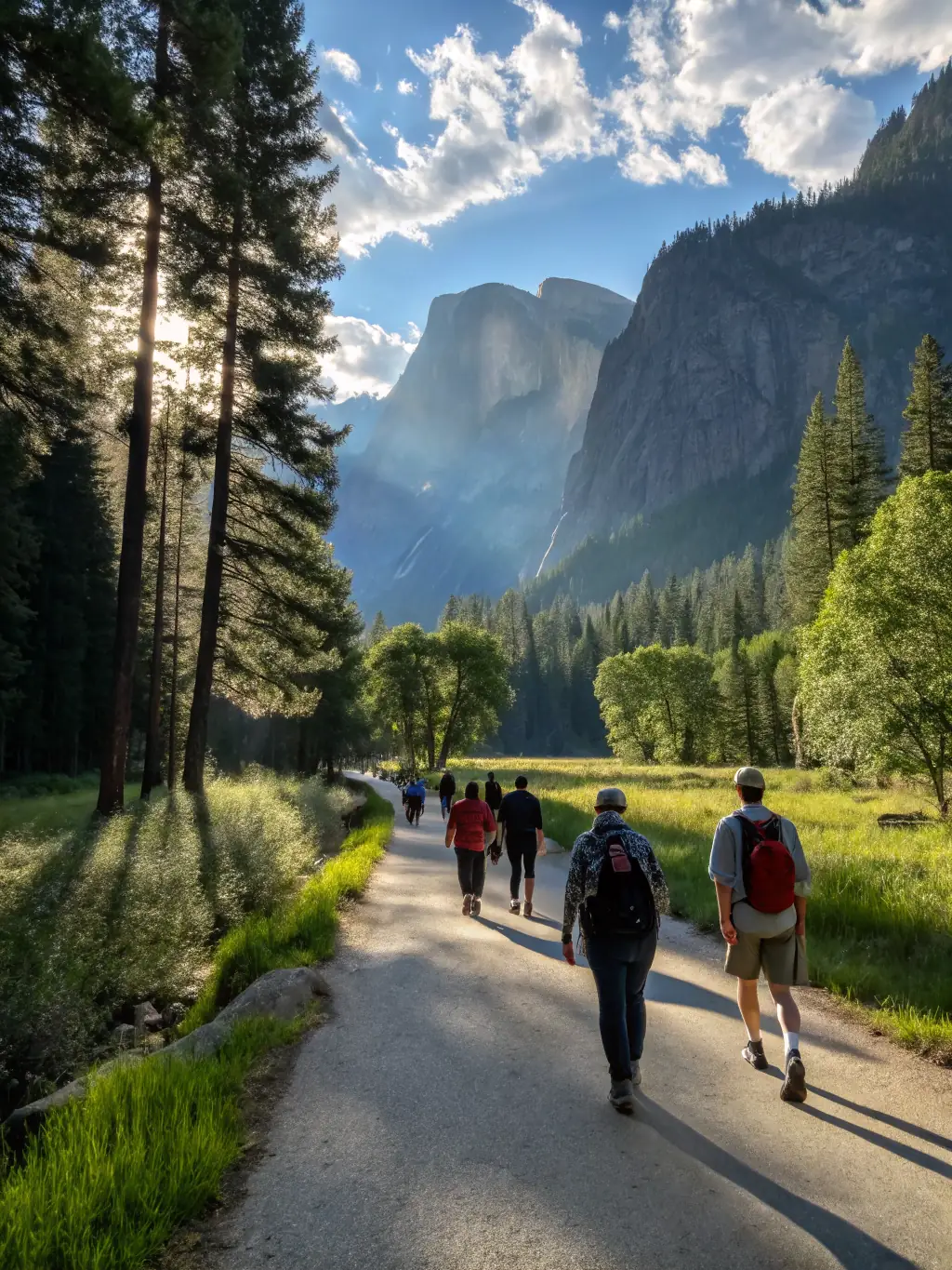 A scenic view of a guided walking tour through the gardens of Château de La Palice, with participants listening attentively to the guide's explanations.