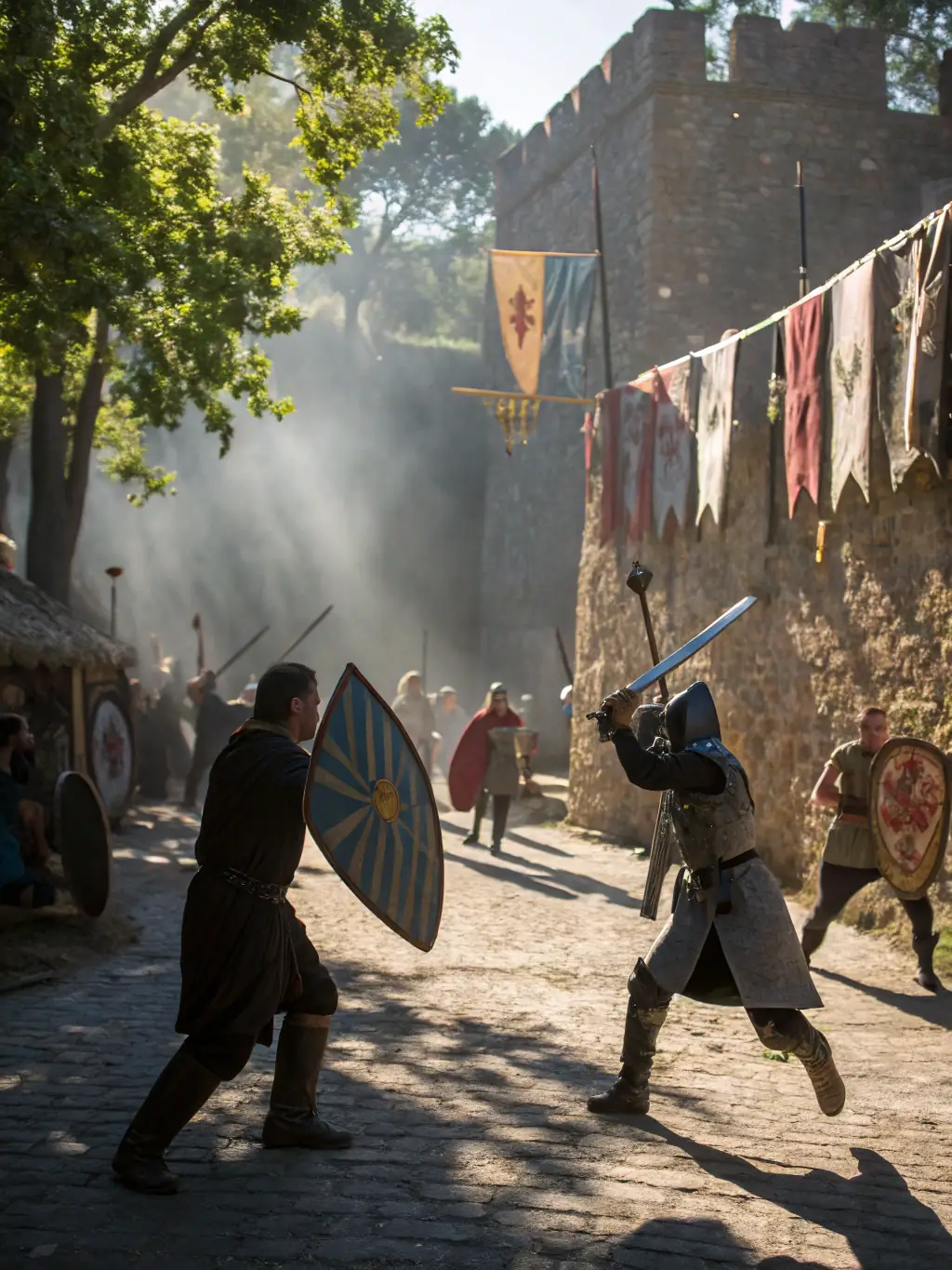 A photograph capturing a group of tourists participating in a historical reenactment at Château de Billy, dressed in period costumes and engaging in traditional activities.