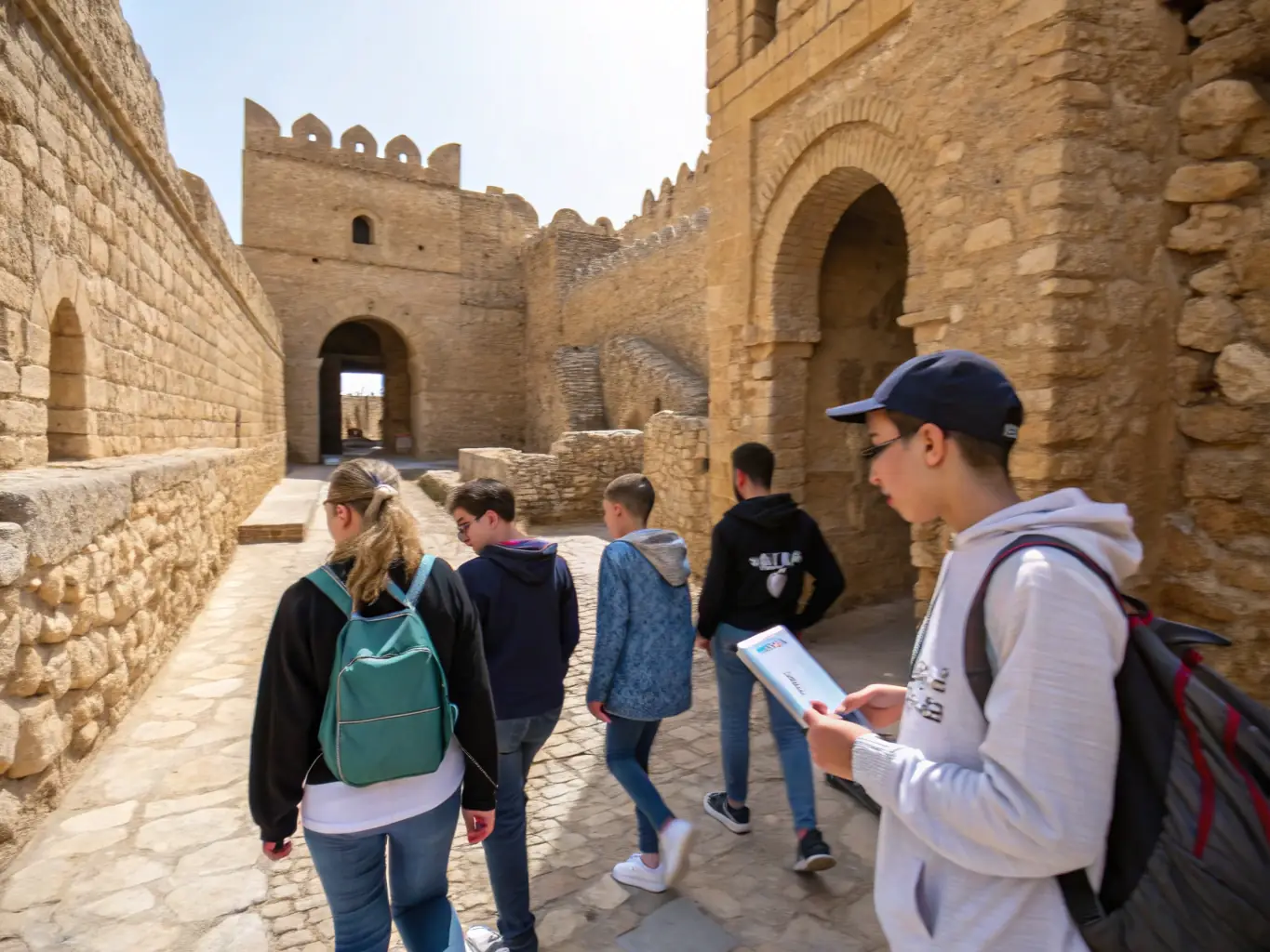 A photograph capturing a guided tour group exploring the interior of a Bourbonnais castle, focusing on the architectural details and historical artifacts.